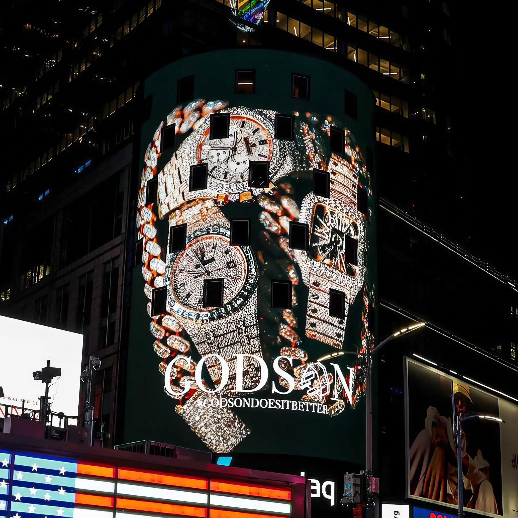 Godson campaign on a Times Square billboard