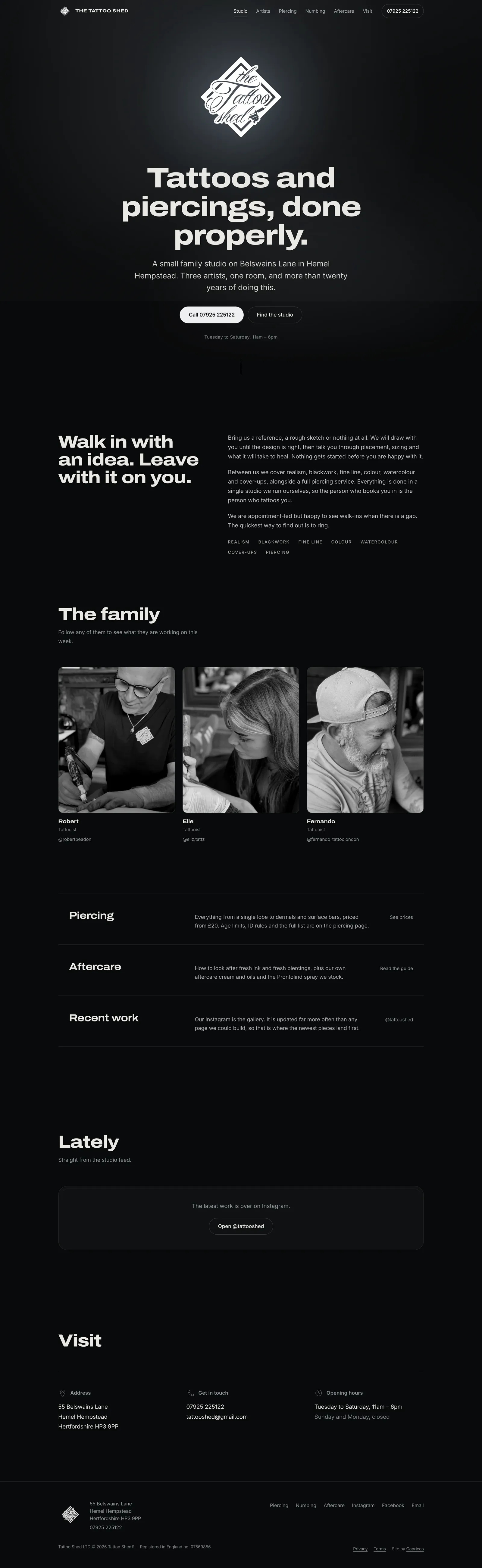 The The Tattoo Shed homepage, top to bottom