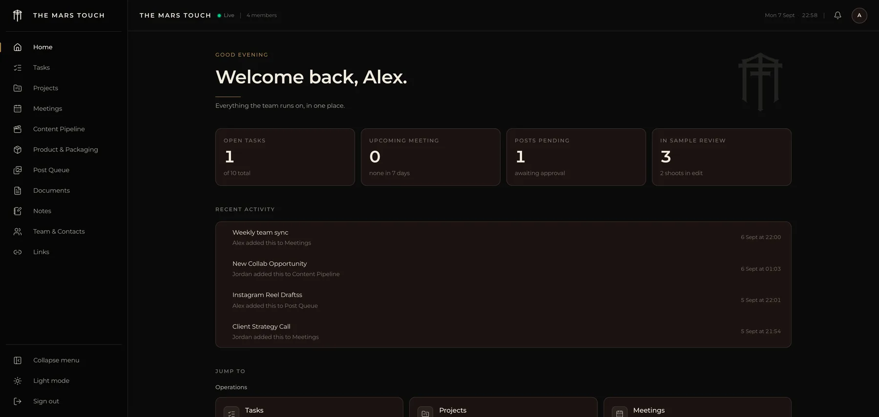 A custom dashboard home screen